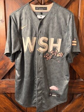Nike WSH Dark Gray Baseball Jersey with Pink Blossom Accents